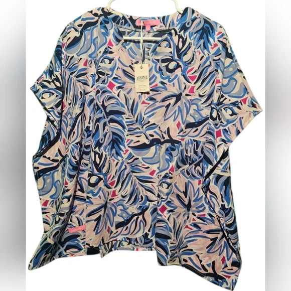 Simply Southern NWT Blue and Pink Leaf Print Blouse Size Small Oversized PTP 25 - Picture 4 of 5